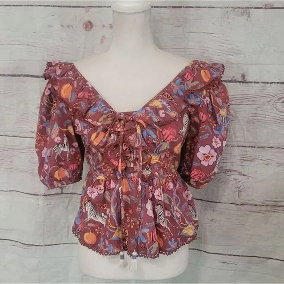 Anthropologie Maeve Ruffled Floral Zebra Print Top Size Small - Picture 3 of 8